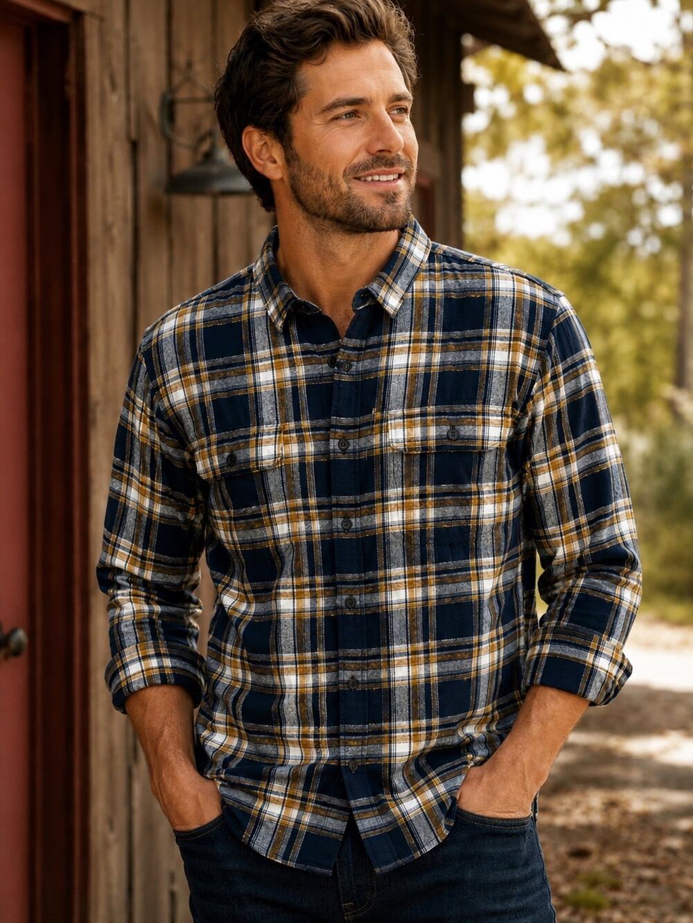 Lucky Brand Men's XL Plaid Flannel Shirt Blue Gold Classic Fit Button Front NWT